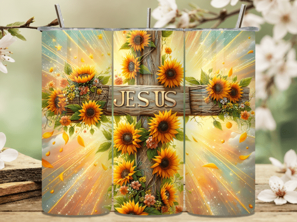 Sunflower Jesus Cross Floral Tumbler PNG & Tumbler Wraps