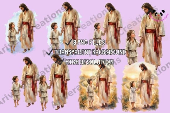 Watercolor Jesus Walking with Children Illustrations